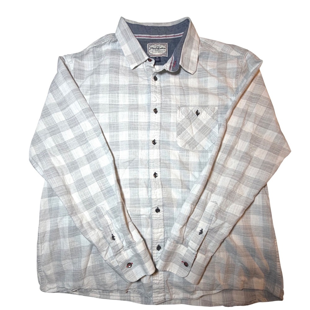 Flag & Anthem Mens XL Grey White Plaid Long Sleeve Button Down Shirt Casual